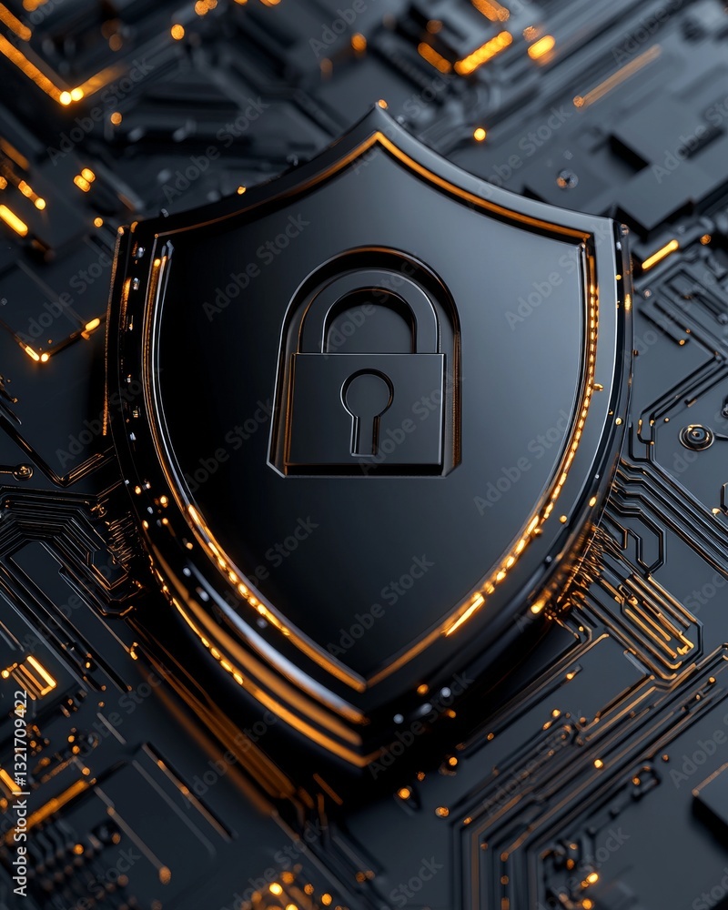 Poster modern shield symbol denoting digital security and safeguarding within a tech environment