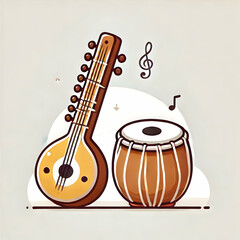 A flat illustration of a sitar and tabla, rendered in a cute and minimalist style, isolated on a seamless white background, perfect for cultural music icons.
