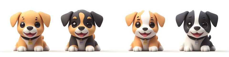 four puppies of various breeds smiling, and their portrait with collars