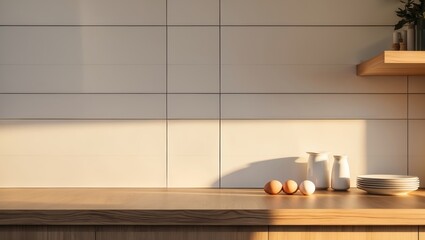 Bright morning light illuminates a kitchen countertop with eggs and tableware in a minimalistic design