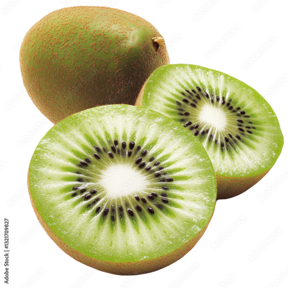 Poster luscious kiwifruit displayed in various arrangements highlighting its unique texture and bright gree
