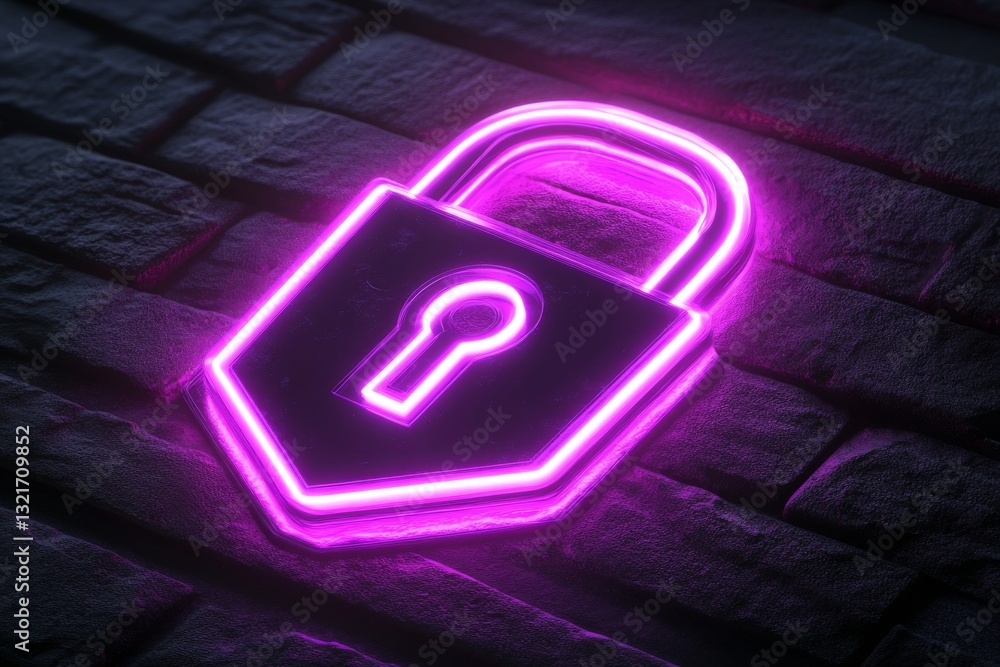 Poster a neon lock emblem displayed on a shield, indicating cybersecurity and data security