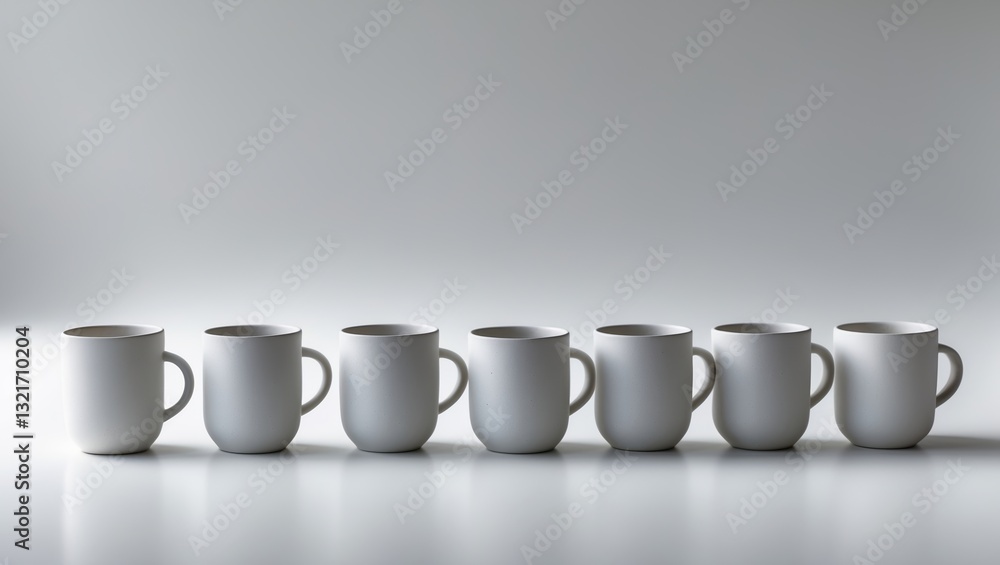 Poster clean white ceramic mugs arranged in a row on a smooth surface in a minimalist setting