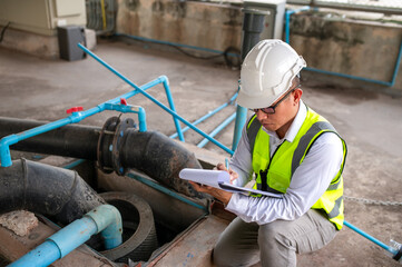 An engineer is recording the results of an inspection of a large pipe screening system.