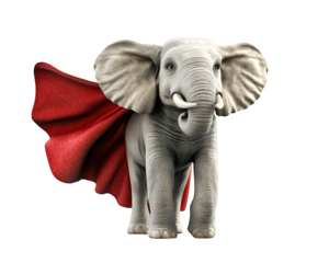 funny elephant wearing superhero cape stands proudly, showcasing its playful spirit and charm. This whimsical character embodies joy and imagination, perfect for children themes