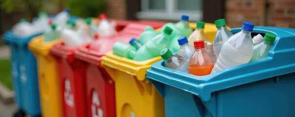Close-up colorful recycling bins overflowing with plastic bottles , collection, waste, disposal