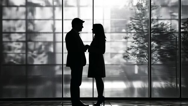Silhouette encounter of a couple in front of a large window in an office building depicting modern romance and professional aspirations