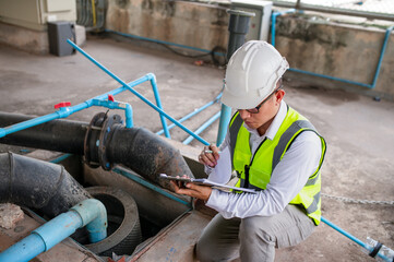 An engineer is inspecting a large-scale water filtration system at a waterworks plant.