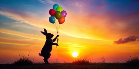 Cute Rabbit Silhouette with Colorful Balloon - Adorable Bunny Stock Photo