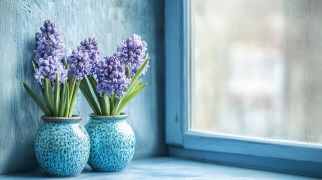 Purple hyacinth in teal vases by window