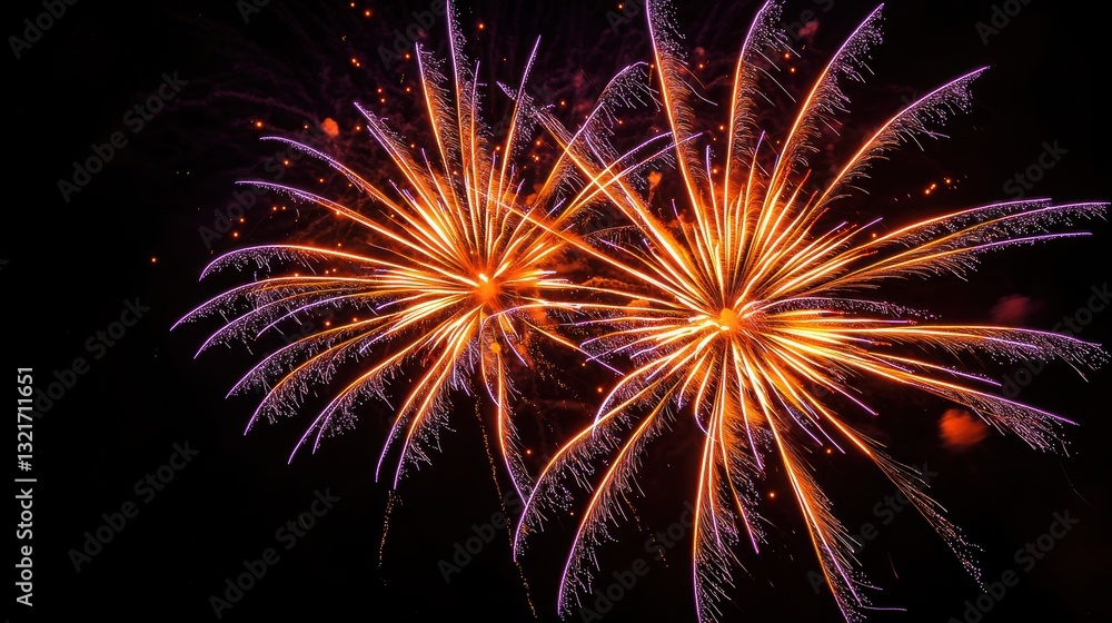 Poster fireworks exploding, creating orange and purple trails of light in the night sky