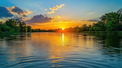 A beautiful sunset shines over a peaceful river with trees