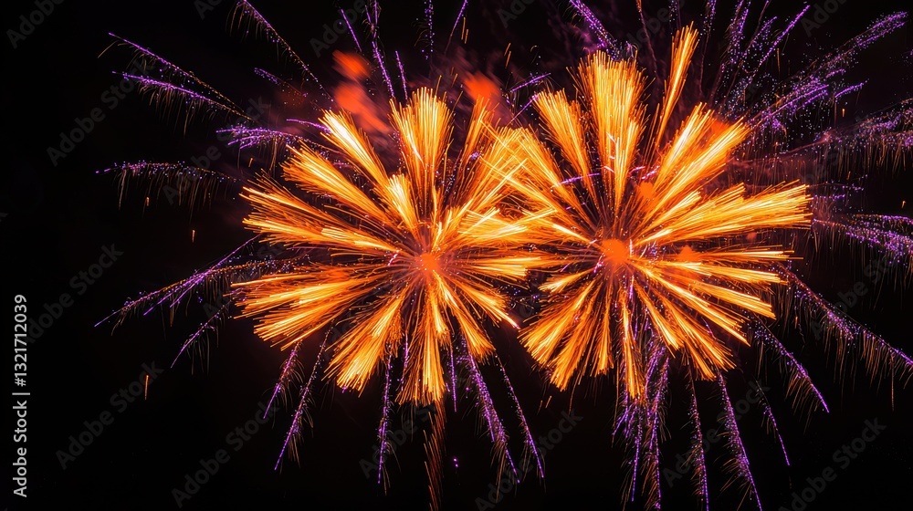 Poster fireworks exploding with orange and purple colors on a black background