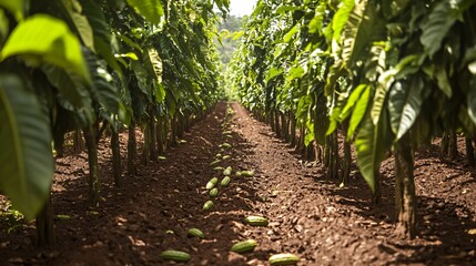 Aerial View of Cocoa Tree Plantation in Symmetrical Rows Captured from Above