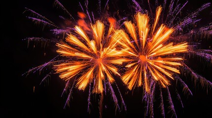 Fototapeta premium Fireworks exploding with orange and purple colors on a black background