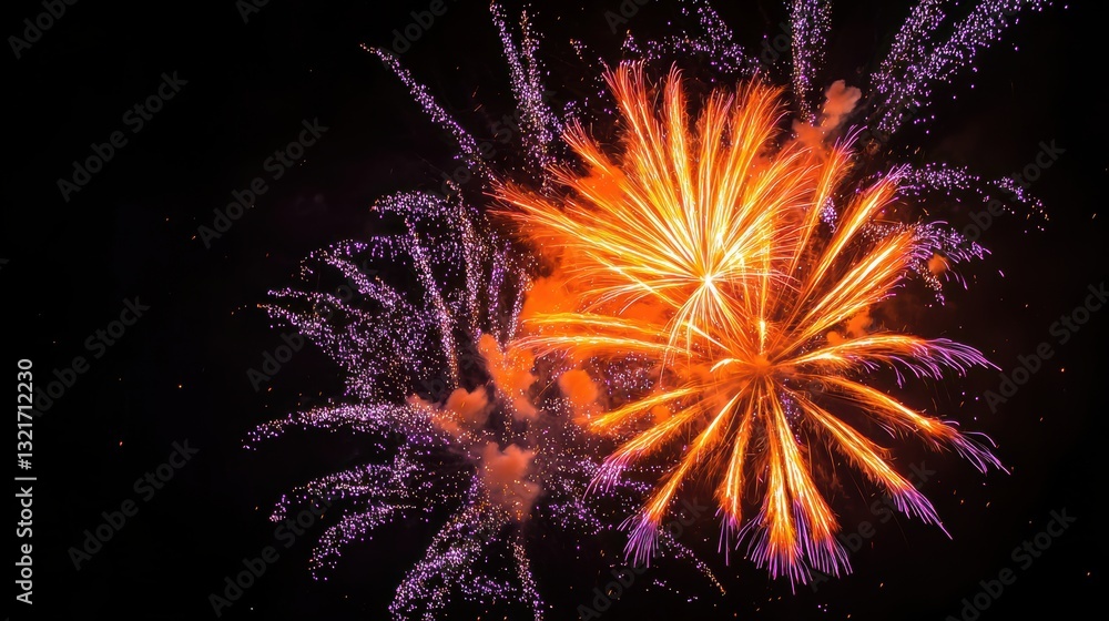 Poster fireworks exploding with orange and purple colors on a black background