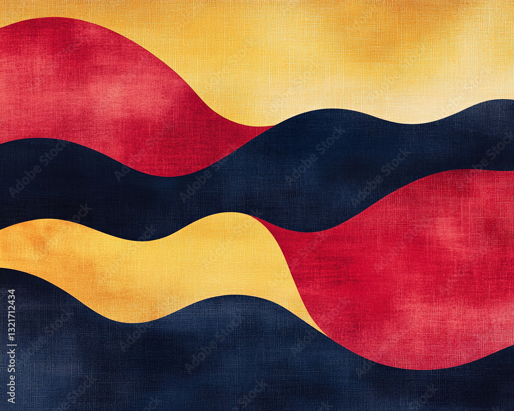 Aufkleber abstract image with wavy red, yellow, and dark-blue shapes on textured background, creating dynamic 