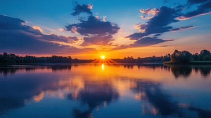 Fototapeta premium A beautiful sunset reflecting in a calm lake water scene