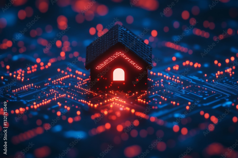 Poster a digital rendering of a house in a stylized manner, positioned on a circuit board with glowing red 