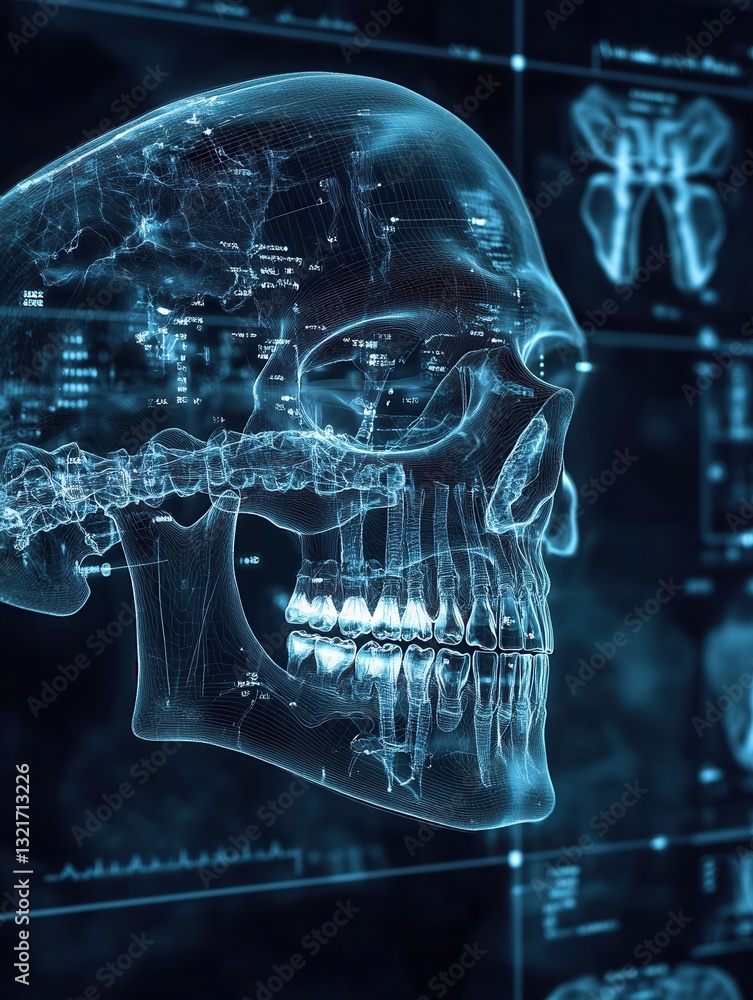 Poster Detailed blueprint displaying a jawbone with implants highlighted on a dark medical background showcasing skeletal anatomy features