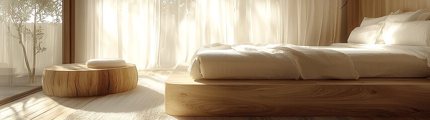 Sunlit Minimalist Bedroom with Wooden Bed and Side Table