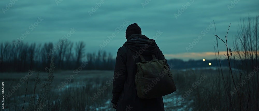 Poster a person standing in an open field with a backpack, ideal for outdoor and adventure-themed projects