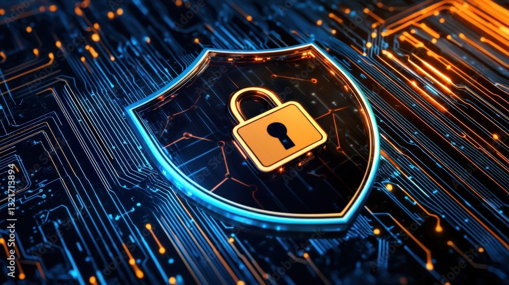Poster cybersecurity shield protecting digital data virtual space graphic illustration high-tech environmen