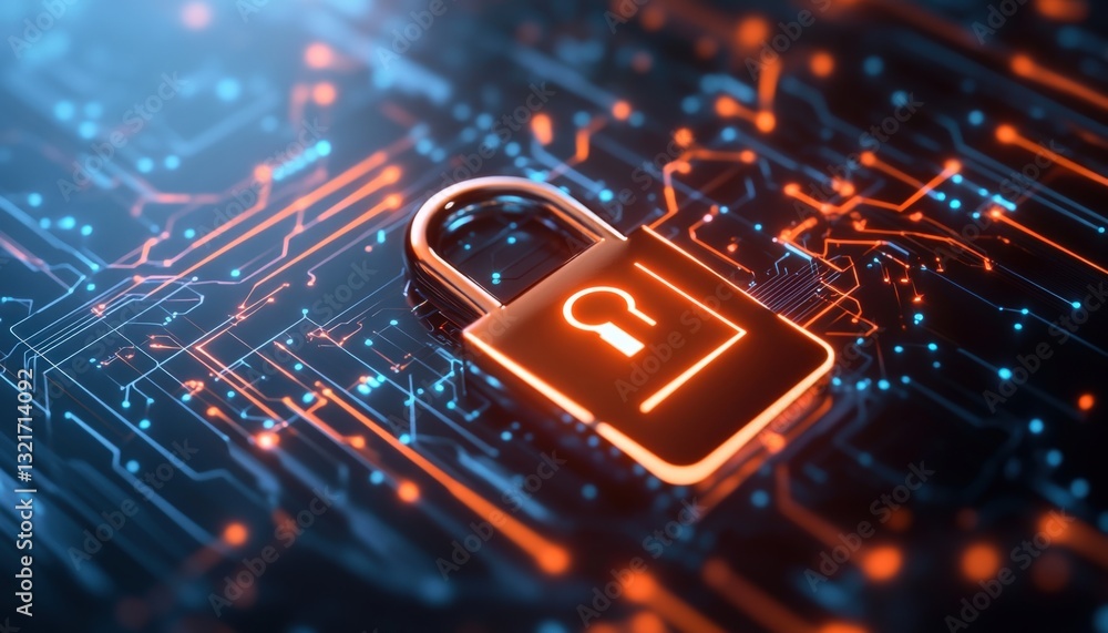 Poster securing digital assets cybersecurity lock virtual environment graphic illustration futuristic conte