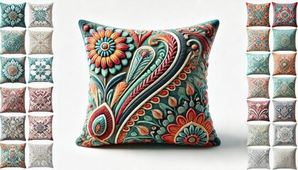 a decorative pillow with vibrant colors, isolated on a  white background