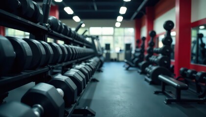 Fototapeta premium Weightlifting equipment in empty gym, dumbbells and barbell on rack, health, metal