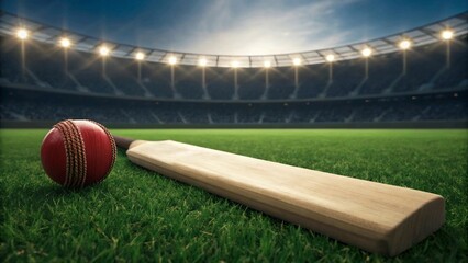 A cricket bat and ball resting on a lush cricket field stadium arena. Suitable for marketing or business purposes. Panoramic banner with place for text