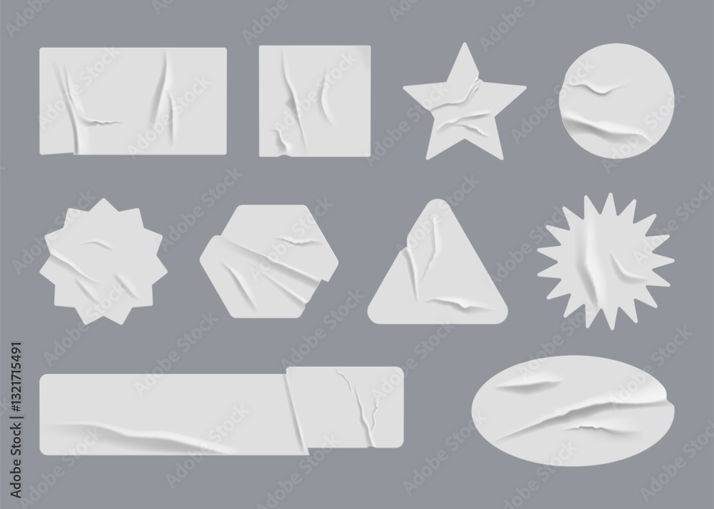 Poster paper stickers. round label mockup. blank stamp texture for 3d price tag. circular peel patch. wrink