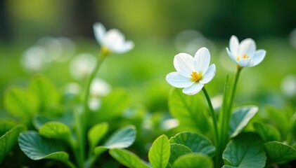 Delicate white primroses bloom in lush garden bed , closeup, white