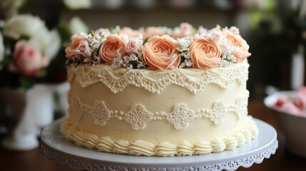 Fototapeta premium Elegant Peach and White Floral Wedding Cake with Lace Design