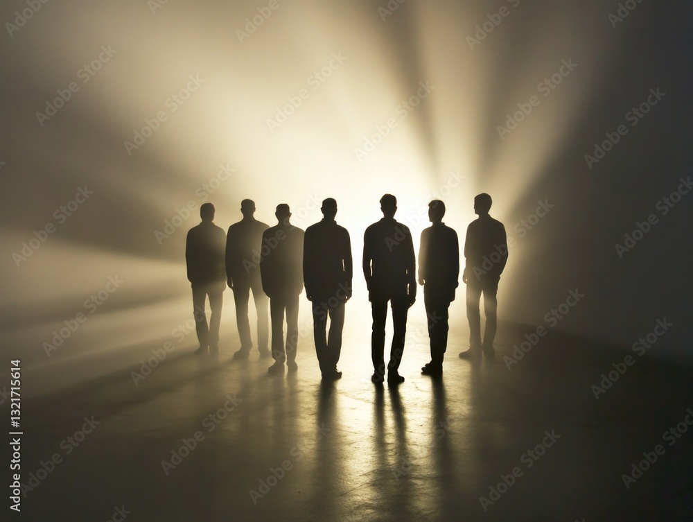 Poster a group of men gathered around a light, possibly discussing or examining it