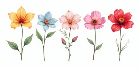 Elegant line art floral set, single blooms isolated on white , simple, graphic, bloom