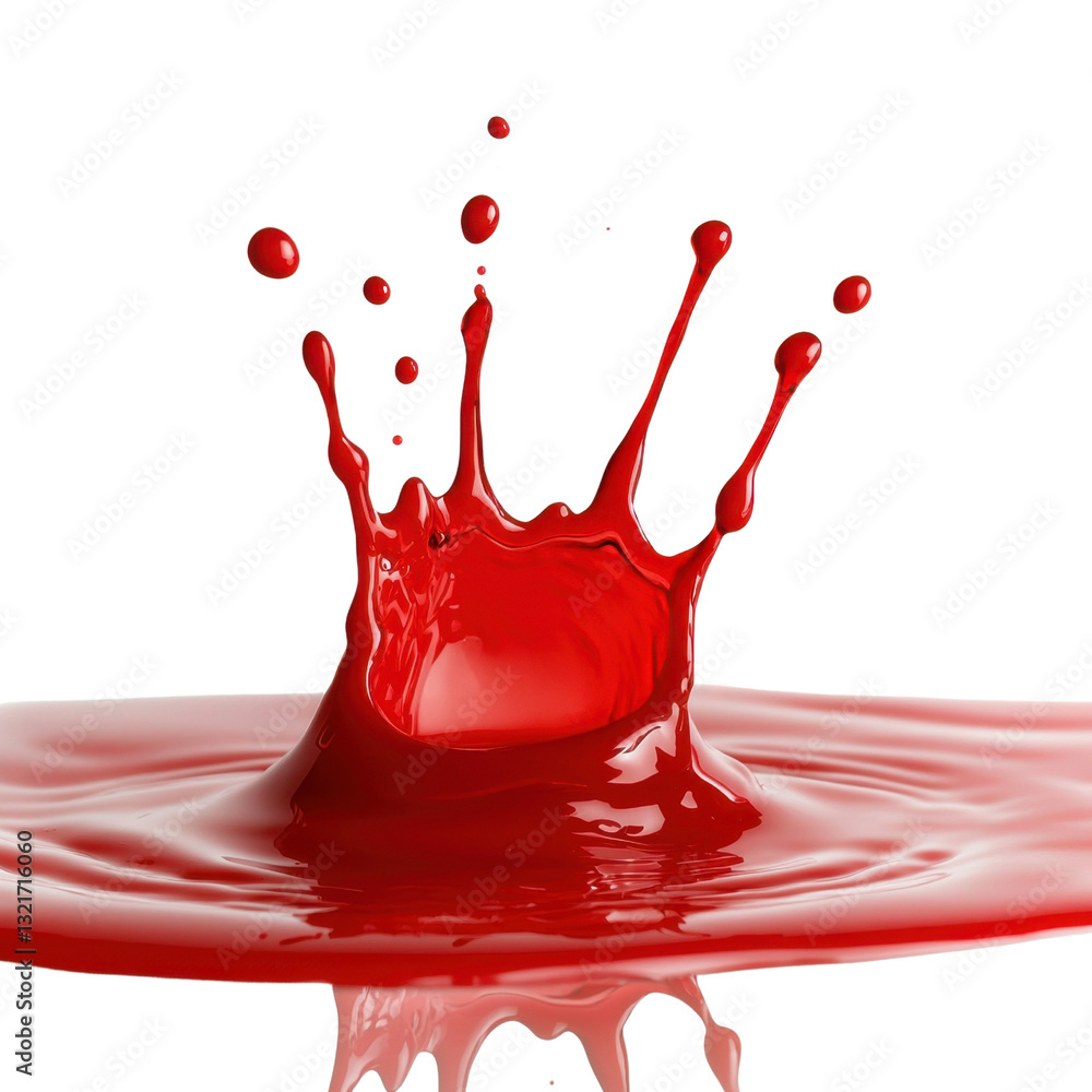 Poster splashes of bright red liquid creating dynamic patterns in air
