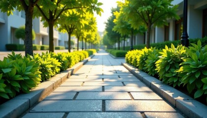Fototapeta premium Clean concrete block walkway, sunlight dappled , sunlight, ground