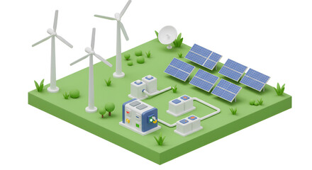 Isometric 3D render of wind turbines solar panels and a battery bank isolated on a white background Depicts alternative renewable power generation and electricity production in the.solar panel, sky, b