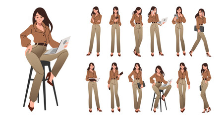 Busy woman. Office work people, executive female person. Young human pose, success professional. Businesswoman in different poses with laptop or documents. Vector cartoon flat illustration set