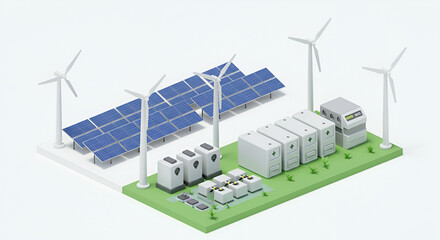Isometric 3D render of wind turbines solar panels and a battery bank isolated on a white background Depicts alternative renewable power generation and electricity production in the.solar panel, sky, b