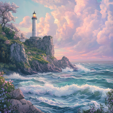 A serene coastal scene with a lighthouse perched atop a rocky cliff overlooking a stormy sea, under a pastel-colored sky