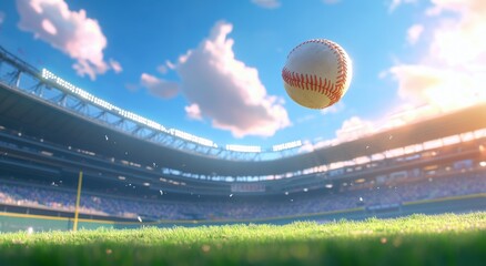 Baseball flying through the air over a stadium, with a blurred background, a blue sky with clouds, on a sunny day.