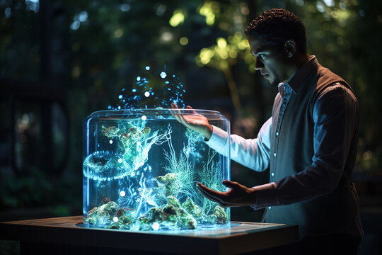 african american man works with plants in laboratory of modern biotechnology