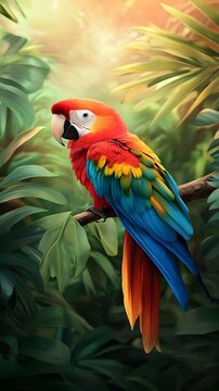 Beautiful Scarlet Macaw Perched on a Branch in a Lush Tropical Jungle with Vibrant Red, Blue, and Yellow Feathers Creating a Stunning Contrast
