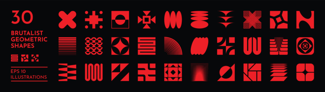 Brutal shapes. Abstract logo elements. Graphic square symbols or Y2K silhouette stickers. Red geometric figures. Retro brutalist geometry. Basic forms. Vector Bauhaus design icons set