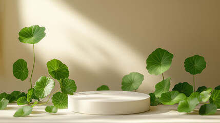 White circular podium surrounded by a Centella Asiatica on a soft beige background.