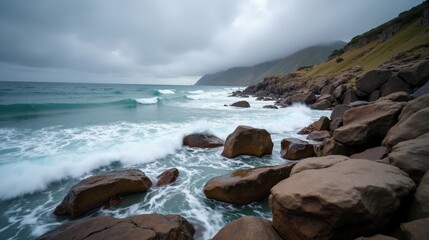 Wild coastal landscape in early spring, waves crashing onto rugged cliffs, dramatic gray skies above, white foam spraying from the turbulent ocean, a powerful scene.