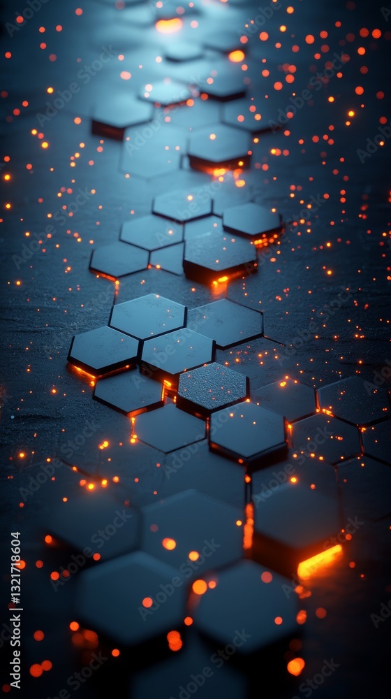 Poster a near view of a hexagonal motif, brightened by radiant particles, generating a cutting-edge and vib