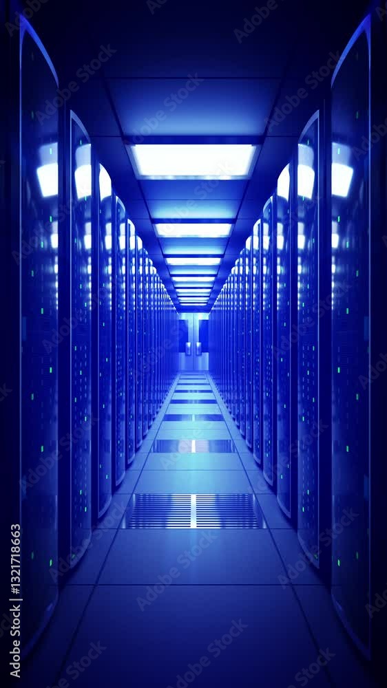 Poster server racks on both sides - storage or hosting concept - 3d 4k vertical animation with blue filter 